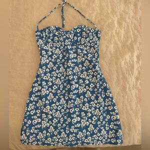 Princess Polly Floral Halter Dress in Blue and White